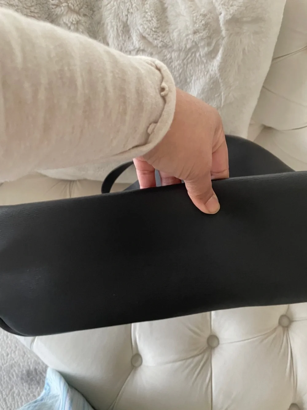 Neiman Marcus black faux leather tote bag with front pockets